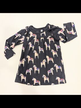 Tea Collection Navy Dress with Swedish Horse Print 2T